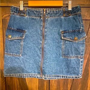 Y2K Forever 21 Denim Cargo Pocket Front-Zip Mini Skirt - Blue
